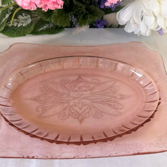 Vintage Pink Jeannette Glass Floral Poinsettia Depression Glass Platter – Elegan - Picture 3 of 4